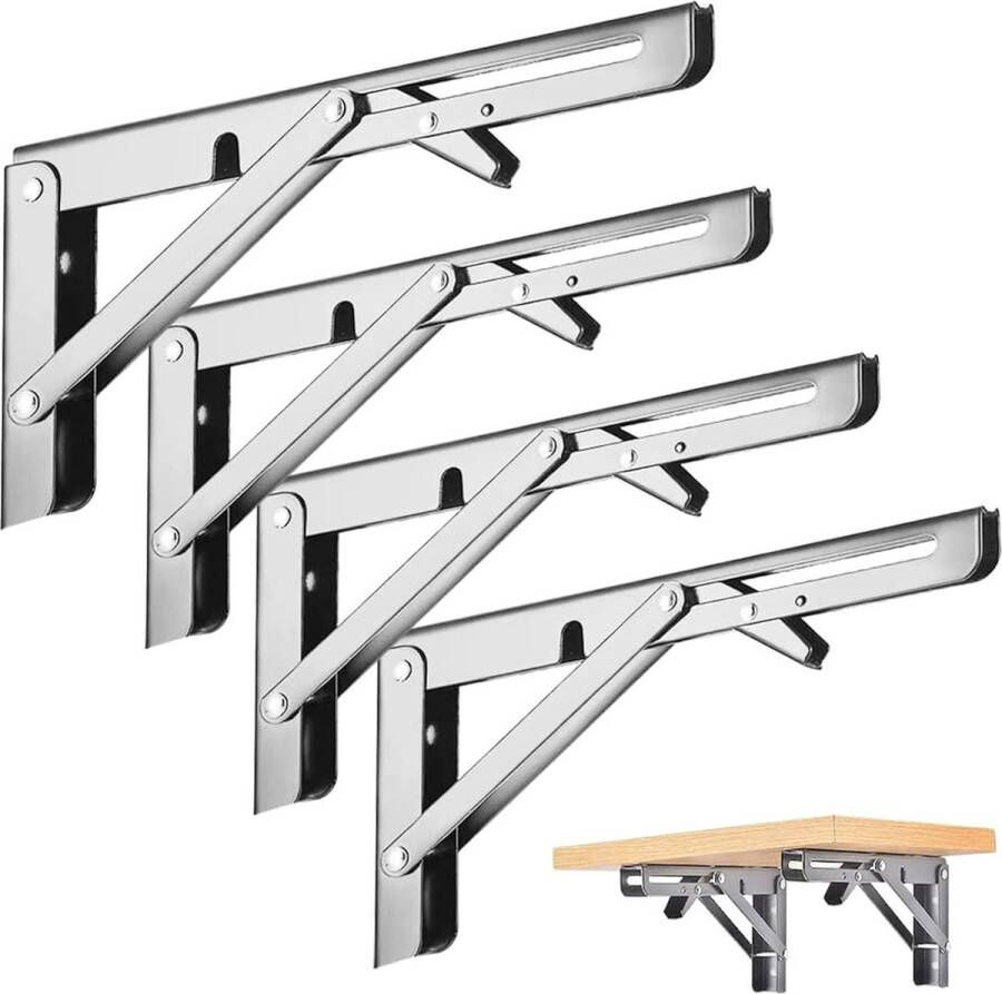 Opvouwbare wandconsole 4 stuks roestvrij staal klapconsoles zware belastingconsole plankbeugel ruimtebesparende doe-het-zelf houder draagkracht: 50 kg zilver roestvrij staa