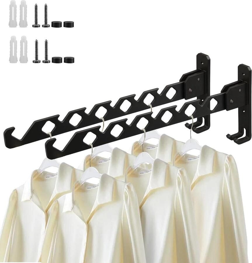 Opvouwbare wandgemonteerde kledinghangers Aluminium droogrek voor badkamer slaapkamer hotel (Zwart) 2 stuks