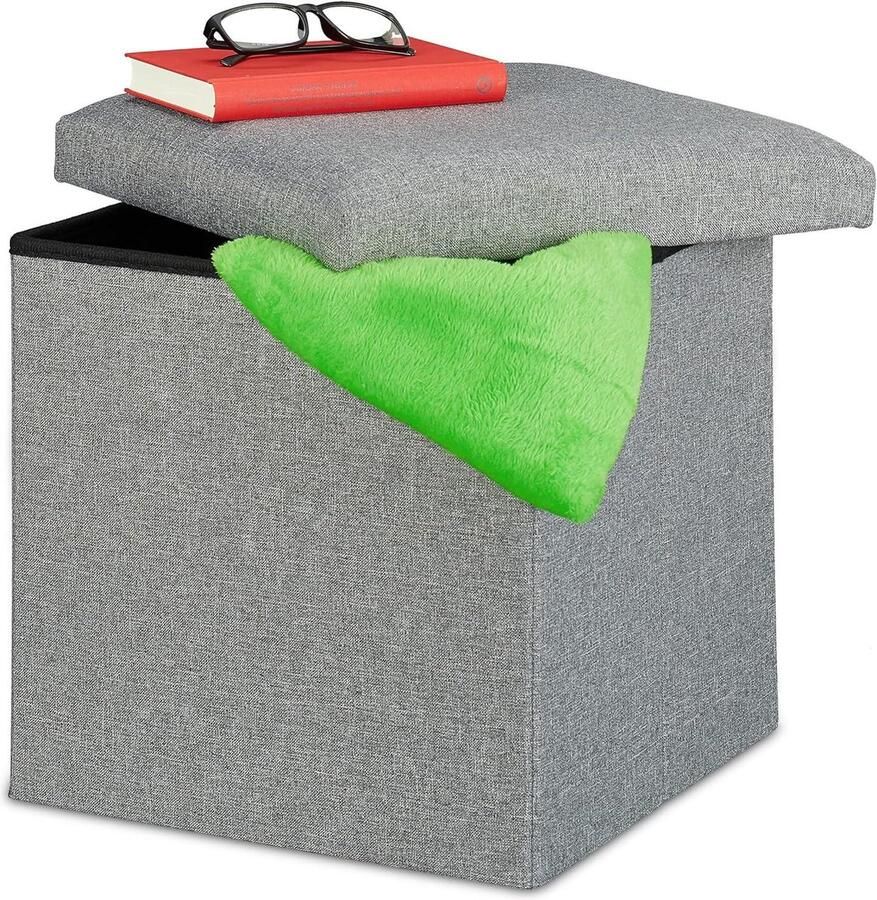 Opvouwbare zachte vierkante stoffen poef met opbergruimte lichtgrijs HBD 37x375x375 cm