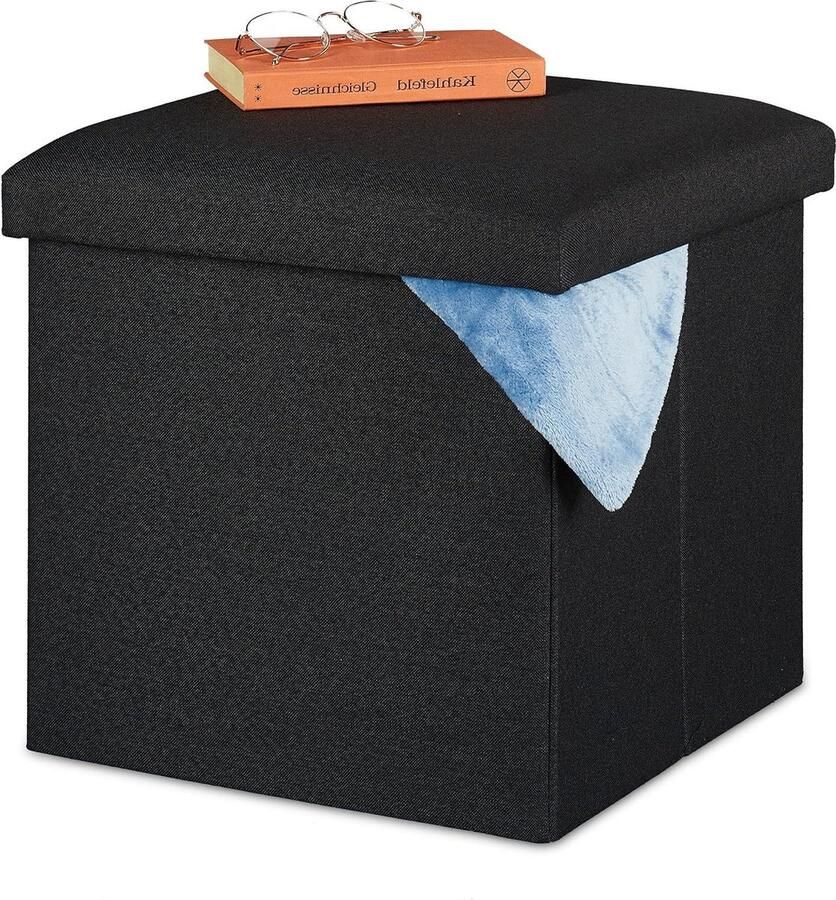 Opvouwbare zachte vierkante poef met opbergruimte stof hocker afmetingen ca. 37x37x37 zwart