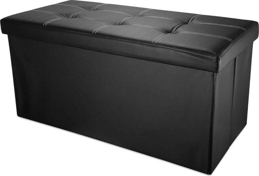 Opvouwbare zitbank 78 x 38 x 38 cm in Lava zwart zitkubus met opbergruimte en deksel van kunstleer met beklede knoppen zitkubus voetensteun opbergdoos kist zitkruk