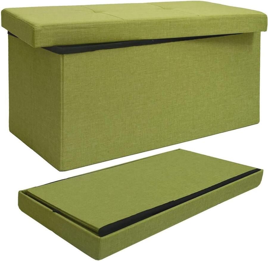 Opvouwbare zitbank en zitkist met scheidingswand 80L opbergruimte Comfortabele poef in linnenlook groen