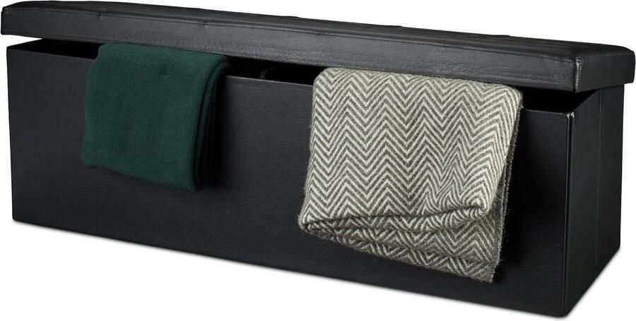 Opvouwbare zitbank XL kunstleer Zwart 38 x 114 x 38 cm Relaxdays opbergdoos met opbergruimte Kruk met opbergruimte