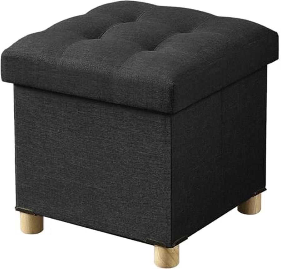 Opvouwbare Zitkist met Opbergruimte en Houten Poten Multifunctionele Voetenbank 38x38 cm Zwart