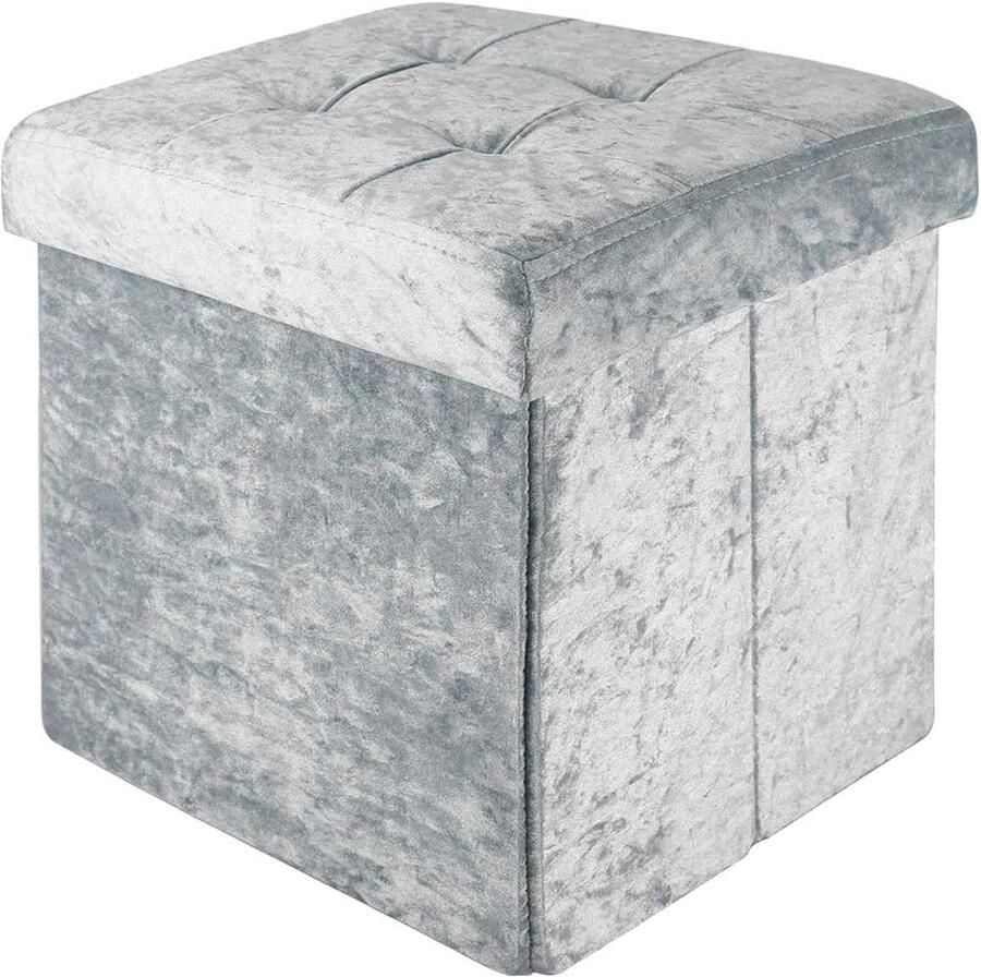 Opvouwbare zitkruk 30x30x30 cm fluweel blauw-grijs met opbergruimte Voetensteun opvouwbare kist zitkruk stoffen bekleding Kruk met opbergruimte