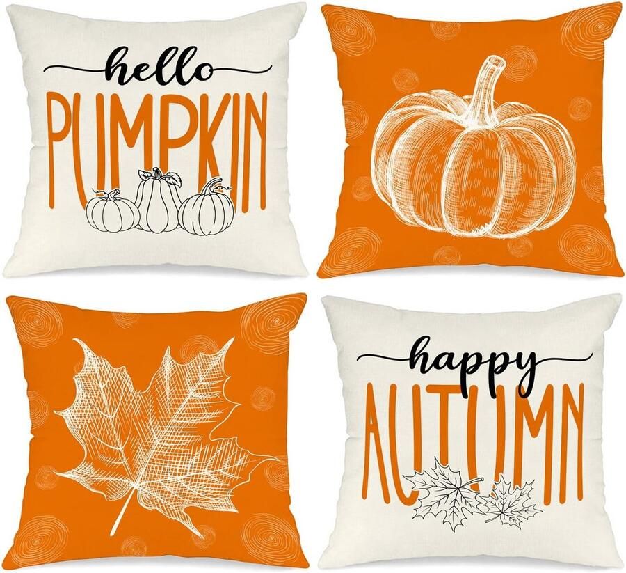 Oranje 45x45 Herfst Kussenslopen Set van 4 Esdoornblad Pompoen Decoratieve Vakantie 18x18 Inch Herfst Gooi Kussenslopen Thanksgiving Kussensloop voor Indoor Thuis Slaapkamer Bank Sofa Decor