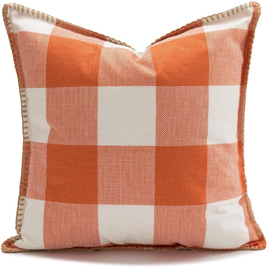 Oranje en witte decoratieve kussensloop voor buiten kussensloop met boerderijruit gewatteerde linnen kussenhoes voor slaapbank (oranje 45x45 cm set van 2)