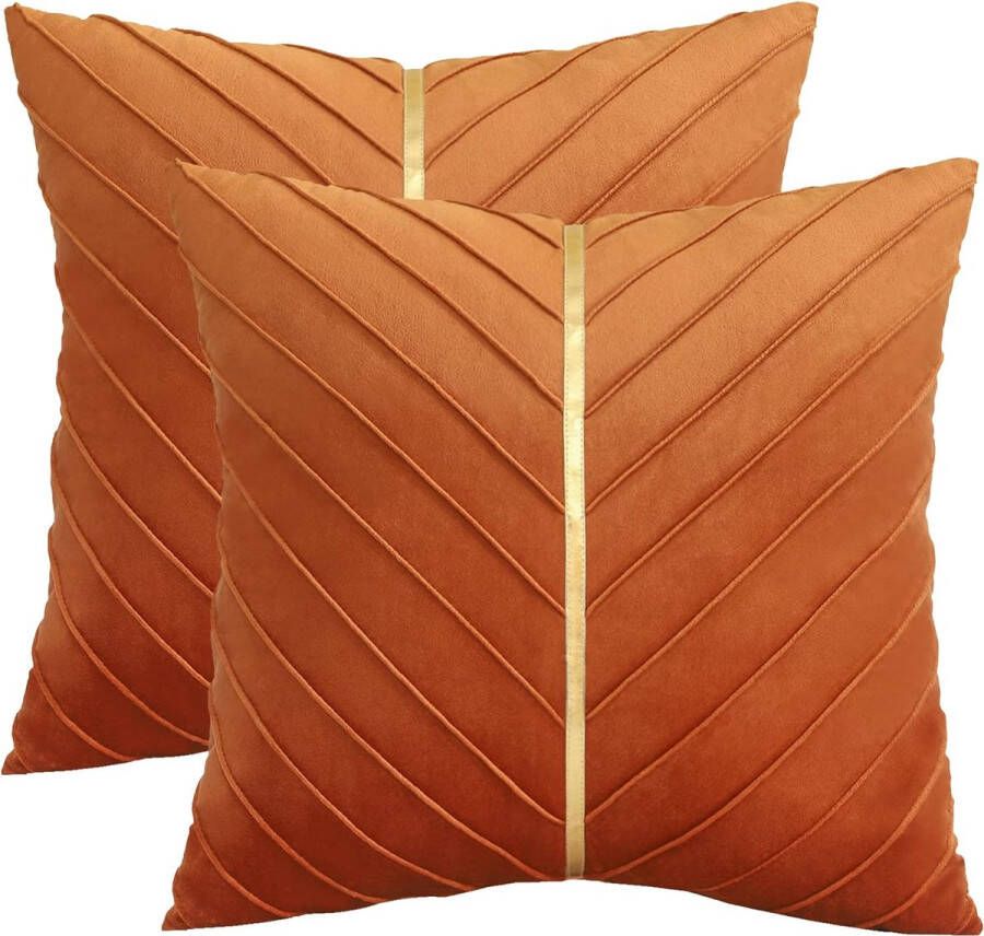 Oranje fluwelen kussenhoezen 45 x 45 cm 2 stuks decoratieve bank luxe moderne kussenhoezen voor woonkamer slaapkamer bankkussen bed met goudkleurig leer