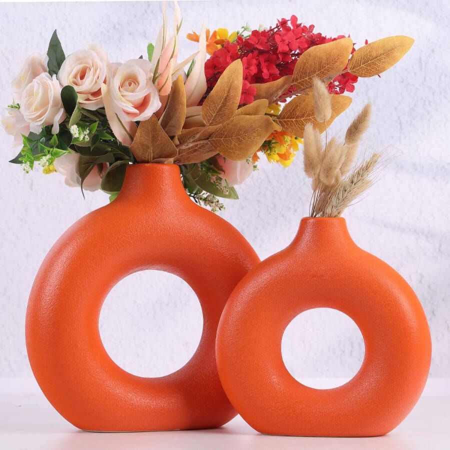 Oranje keramische vaas set van 2 ronde bloemenvazen ​​van pampasgras voor moderne huisdecoratie Boho Scandinavische minimalistische stijl voor woonkamer keuken eettafel kantoor middenstukken