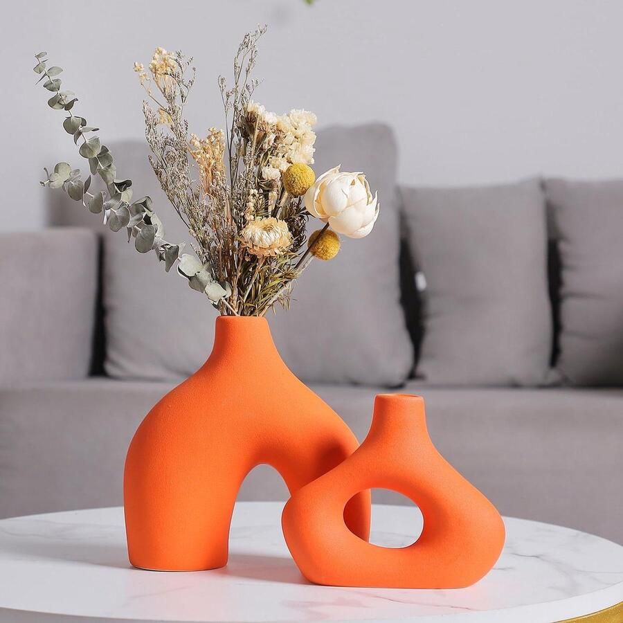 JGS Premium Keramische vaas set van 2 in Oranje Modern en minimalistisch Boheems decor Matte donutvazen voor pampasgras Geschikt voor woonkamer eettafel kantoor slaapkamer Plank decoratie Set moderne matte vazen