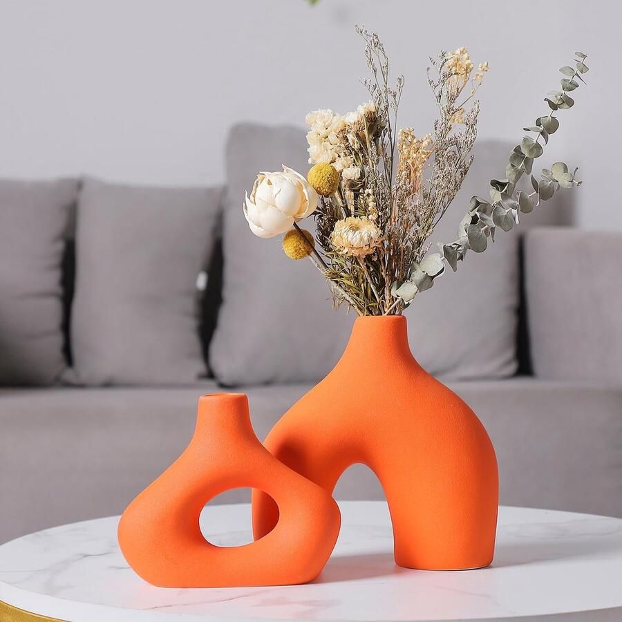 Oranje keramische vazen set van 2 voor modern Boheems decor ronde matte donutvazen voor pampasgras perfect voor woonkamer eettafel kantoor en slaapkamer