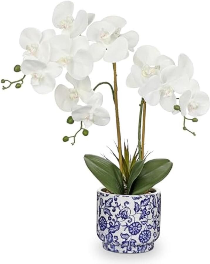 Orchidee kunstbloemen in pot 49 8 cm witte orchidee met blauwe en witte keramische pot nep orchidee plant zijde faux phalaenopsis voor thuiskantoor keuken badkamer tafel middelpunt decoratie