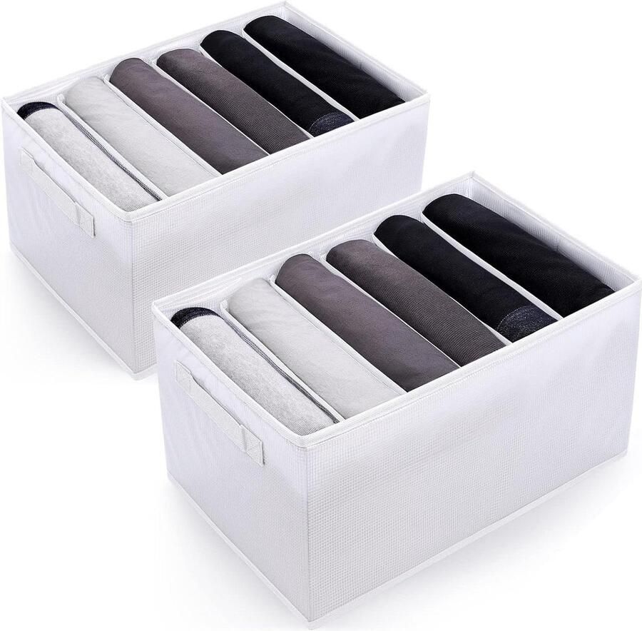 Organiser Wardrobe Storage System 6 Grid Storage Boxes Drawer Organiser Foldable Trouser Storage Clothes Storage for Trousers Sweaters Jeans T-Shirts White