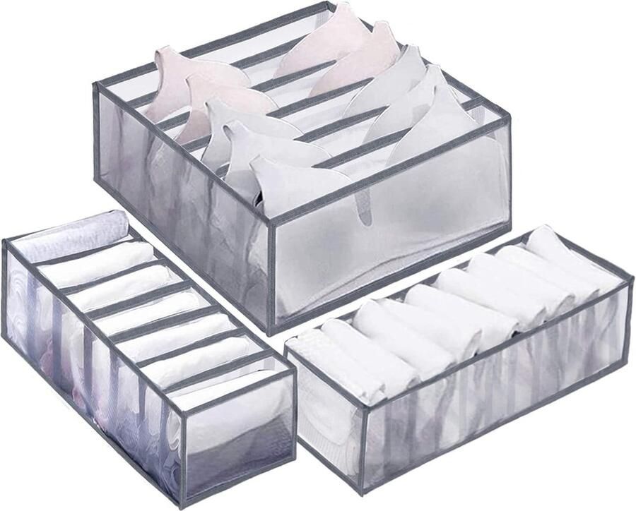 Organizer voor ondergoed 3-box-set voor lade set met 6 7 17 vakken nylon BH-sortering halftransparant commode kast dwarsverdeler waskeuken waslade (grijs)