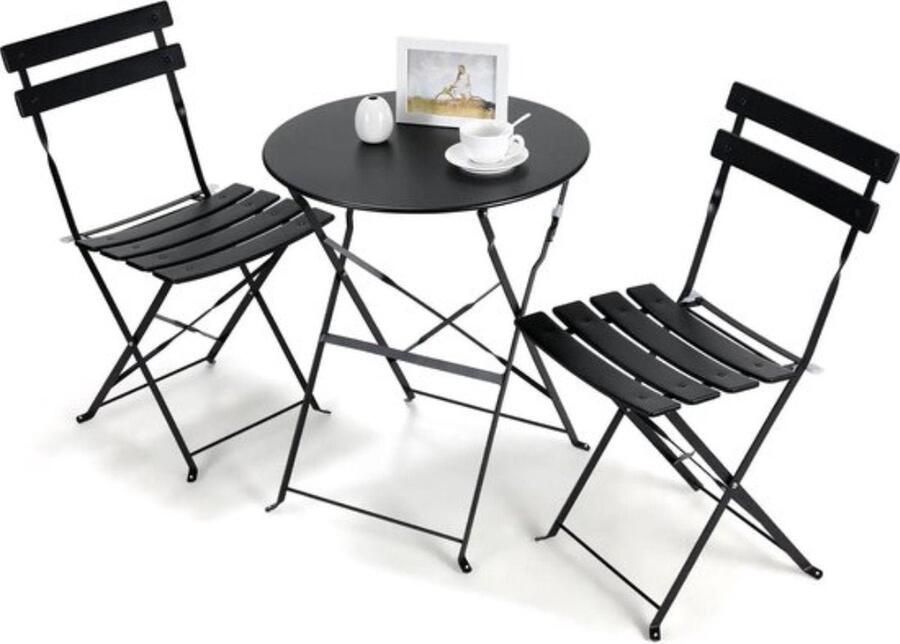 Orgineel Frans Bistroset Patio Set Hemelsblauw 1x Tafel 2x Stoelen Opvouwbaar Zwart