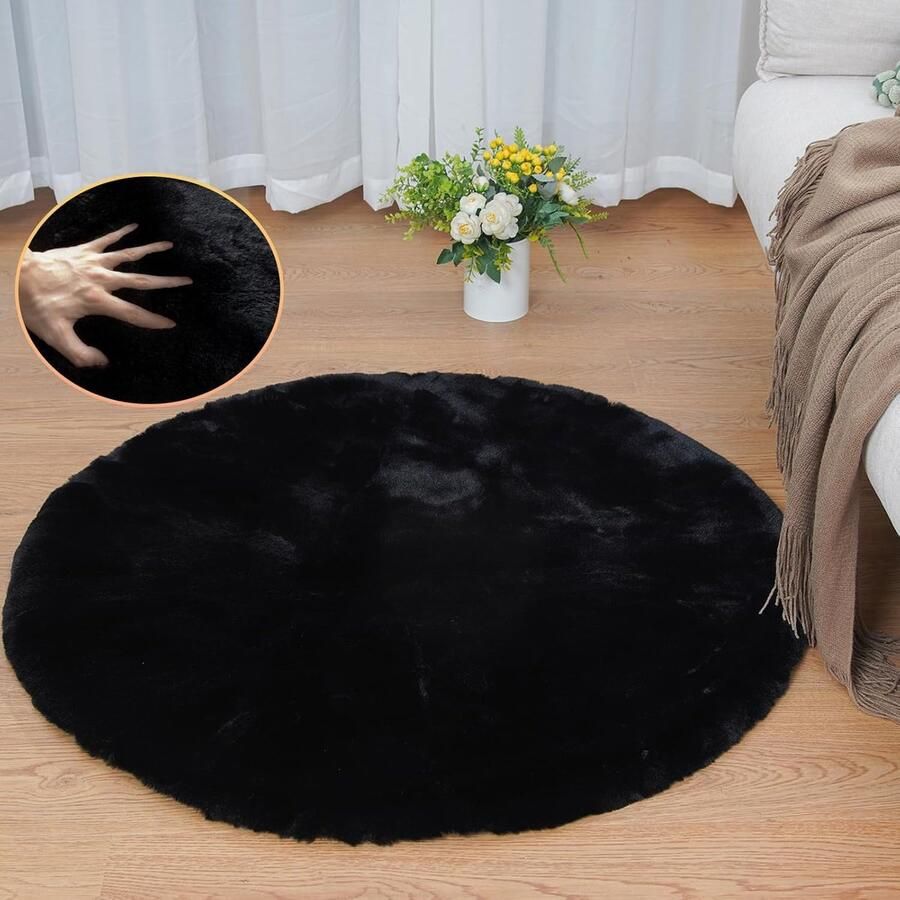 ORINOVA Rond Zwart Fluffy Tapijt 90 cm Slaapkamer Imitatiebont Rond Tapijt Bont Tapijt Woonkamer Wasbaar Nachtkastje Tapijt Zwart Rond Tapijt