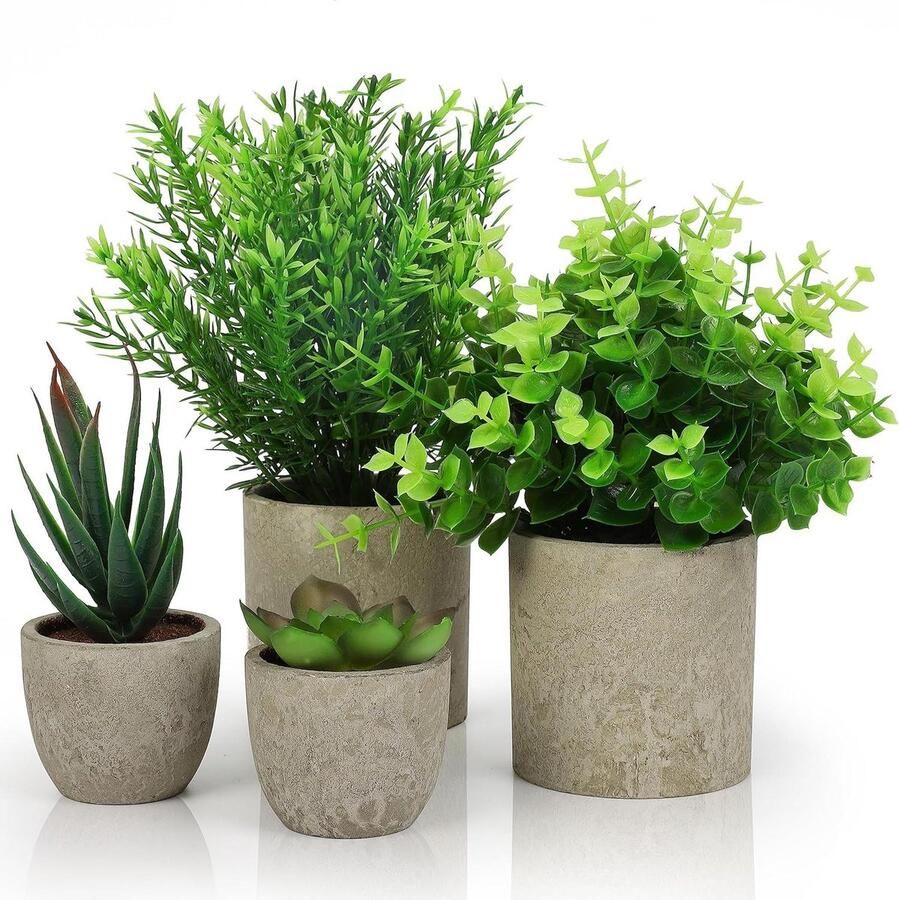 Orivio Artificiële Binnen Potplanten Set Eucalyptus Slangen Tong Gras & Vetplanten Groene Nepplanten voor Huisdecoratie Kantoor Bureau Slaapkamer Keuken