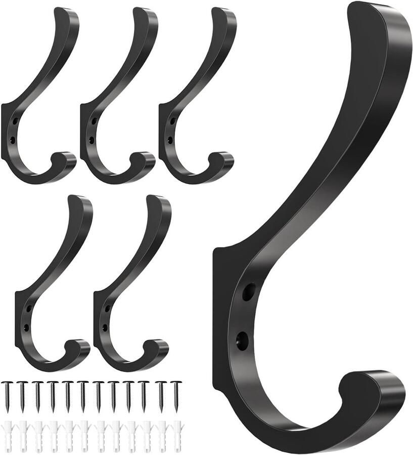 Orivio Hangende kapstokhaken voor wandmontage Heavy Duty Grote kleerhanger wandhangers Metalen haken voor handdoeken rugzakken hoeden jassen sleutels tassen gewaden en hondenriemen Set van 6 stuks