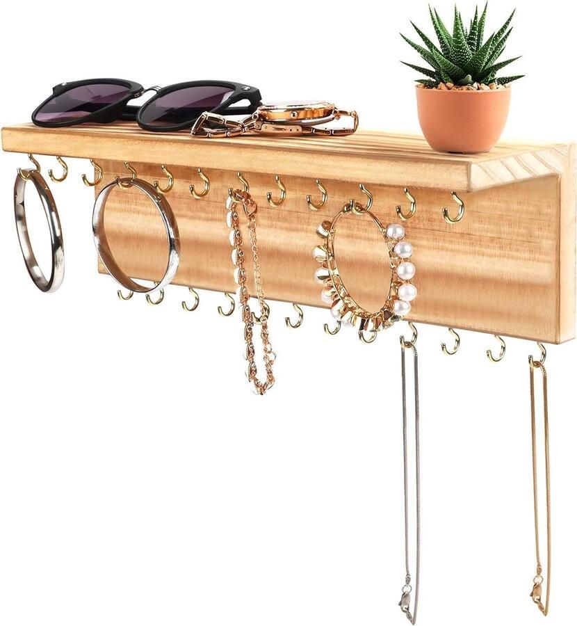 Orivio Houten Sieraden Houder Organizer Plank met 24 Haken Rustieke Opslag Display voor Sieraden Muur Gemonteerd 30 3 x 7 3 cm