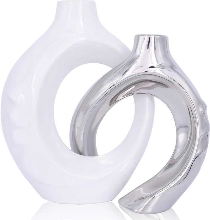 Orivio Keramische vaas set van 2 in wit en zilver ronde decoratieve vaas voor woonkamer boekenplank mantel eettafel middelpunt (wit zilver)