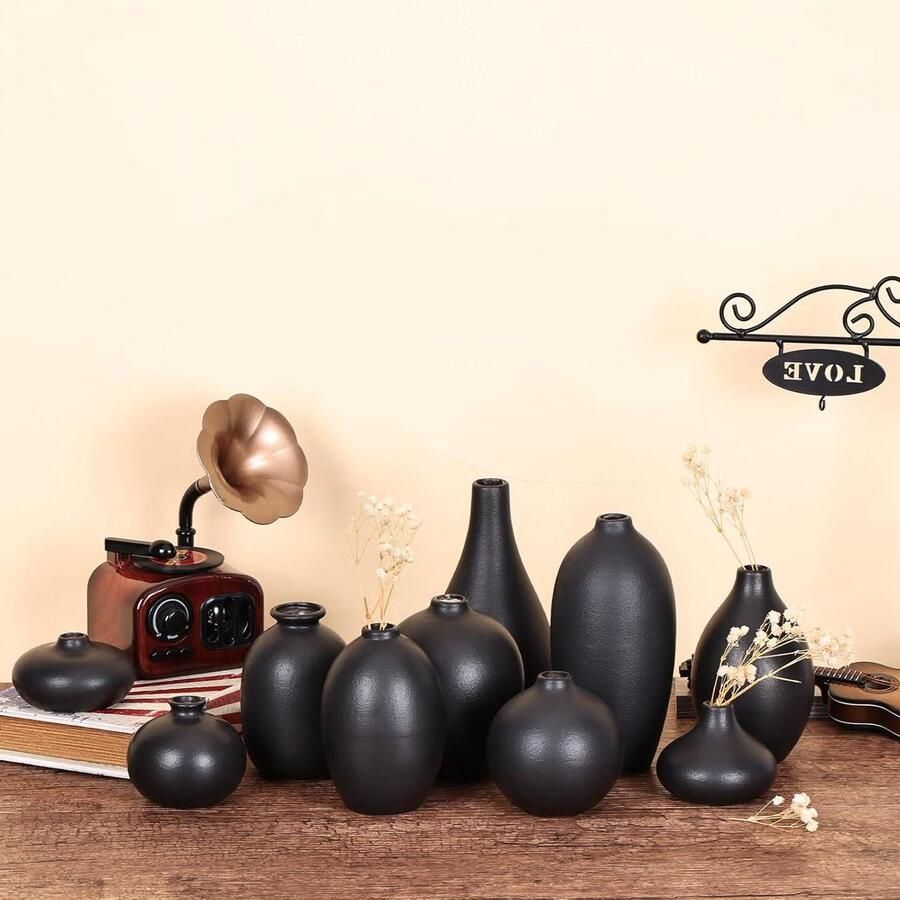 Orivio Set van 10 zwarte keramische knopvazen voor tafelstuk eettafel plank tv-standaard decoratie mini matzwarte kleine bloemenvaas rustiek huis esthetische bloemenvaas decor zwart