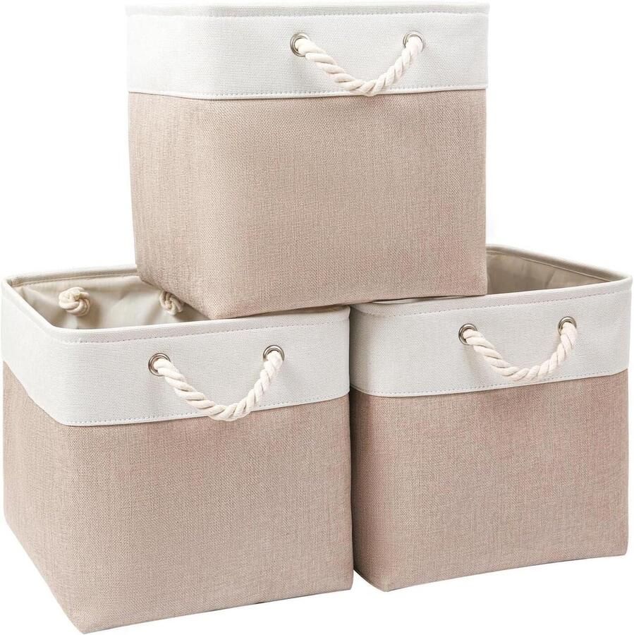 Orivio Stoffen opbergdozen voor kast en plank 26 x 26 x 28 cm set van 3 stuks Lichtkaki Wit