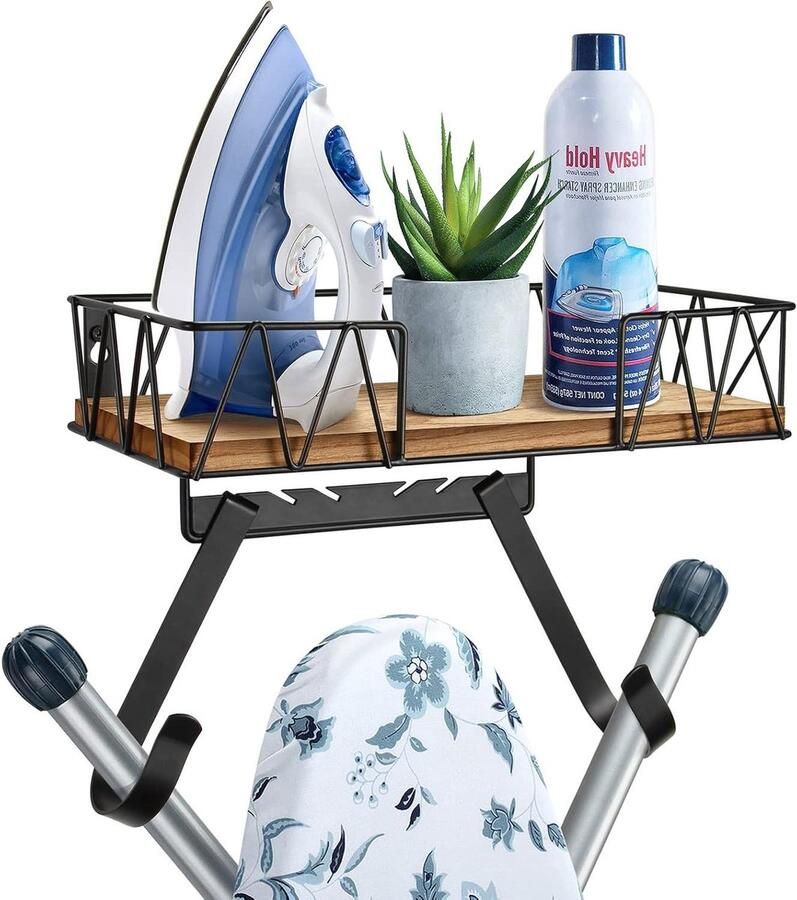 Orivio Strijkplankhanger wandhouder met grote opbergmand voor wasruimte