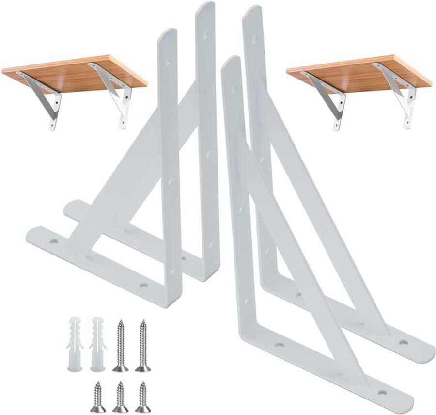 Orivio Wandgemonteerde plankbeugels zwaar uitgevoerd driehoekig ontwerp Wit Inclusief accessoires set van 4 stuks Eenvoudig te installeren 8 inch