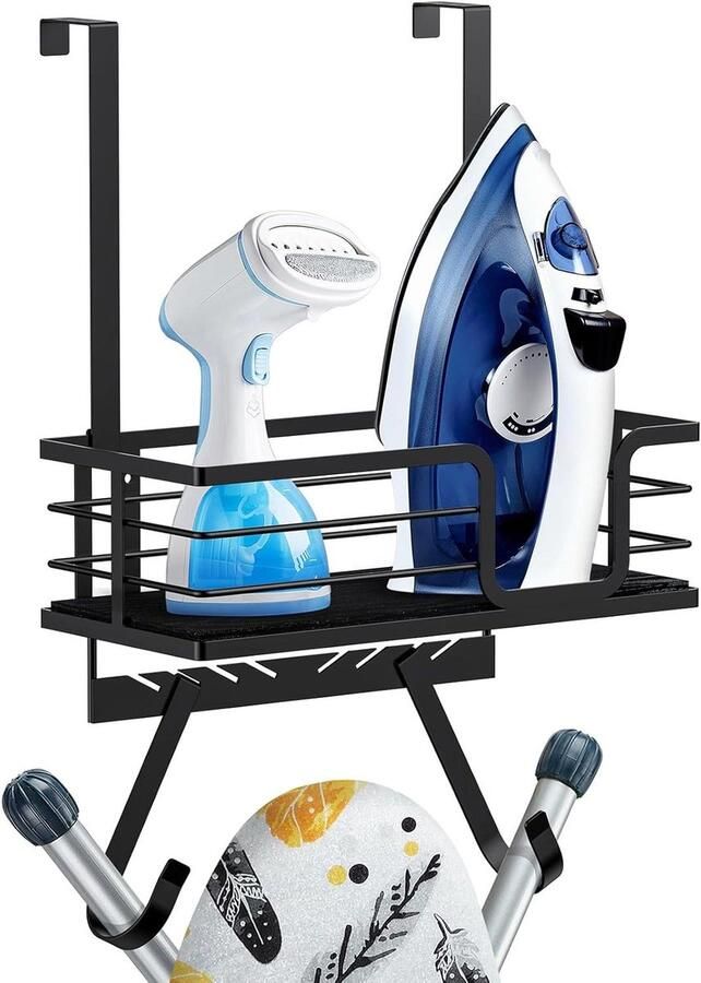 Orivio Wandmontage strijkplankhouder met opbergmand en haken voor wasruimte