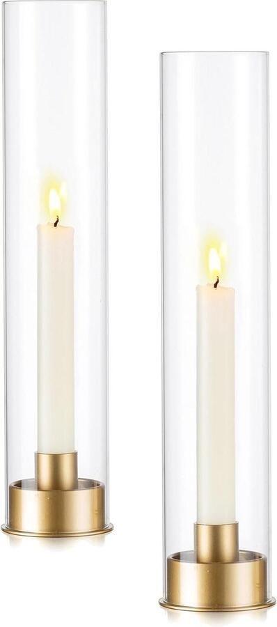 Orkaan Glazen Kaarshouder Set van 2 Gouden Kaarshouders voor Kaarsenstandaard Metalen Kandelaars Houder met Cilinder Moderne Kaarshouders voor Eettafel Centrepiece