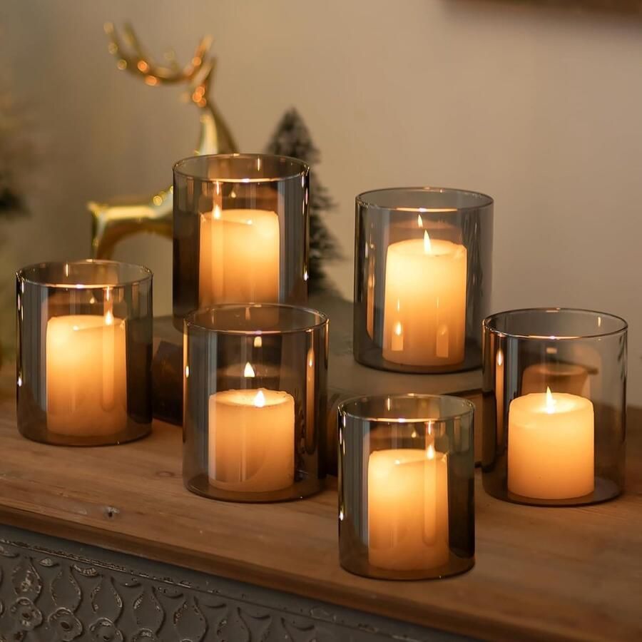 Orkaan Kaarshouder Glas Set Van 6 Grijs Zwarte Kaarshouders Voor Pilaar Kaarsen Cilinder Kaarshouder En Kleine Vazen Voor Decor Drijvende Kaarshouders Voor Woonkamer Tafel En Home Decoratie
