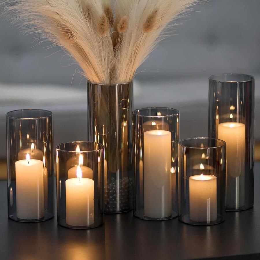 Orkaan Kaarshouder Glas Set Van 6 Grijs Zwarte Kaarshouders Voor Pilaar Kaarsen Cilinder Kaarshouder Vazen Voor Decor Drijvende Kaarshouders Voor Woonkamer Tafels Home Decoratie