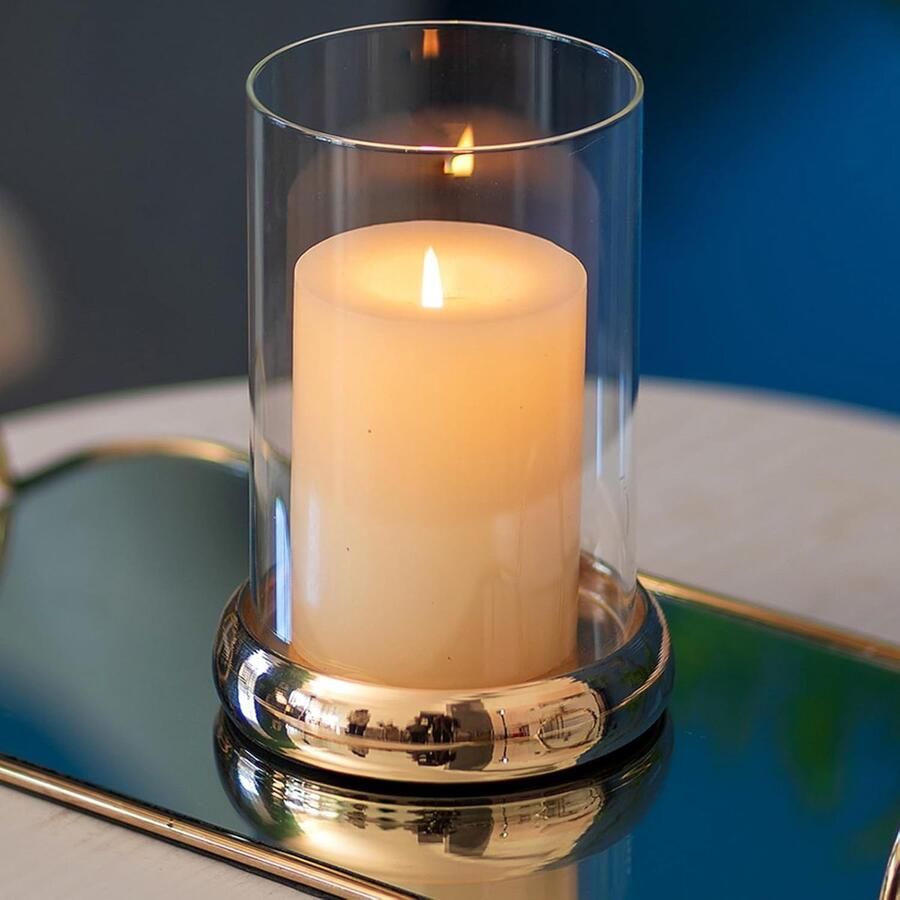 Orkaan Kaarshouder Helder Glas Pillar Kaarshouder Cilinder Lantaarn Met Metalen Dienblad Voor Schouw Haard Koffie Eettafel Decoratieve Tafel Centrastukken Voor Kerstmis Bruiloft Goud