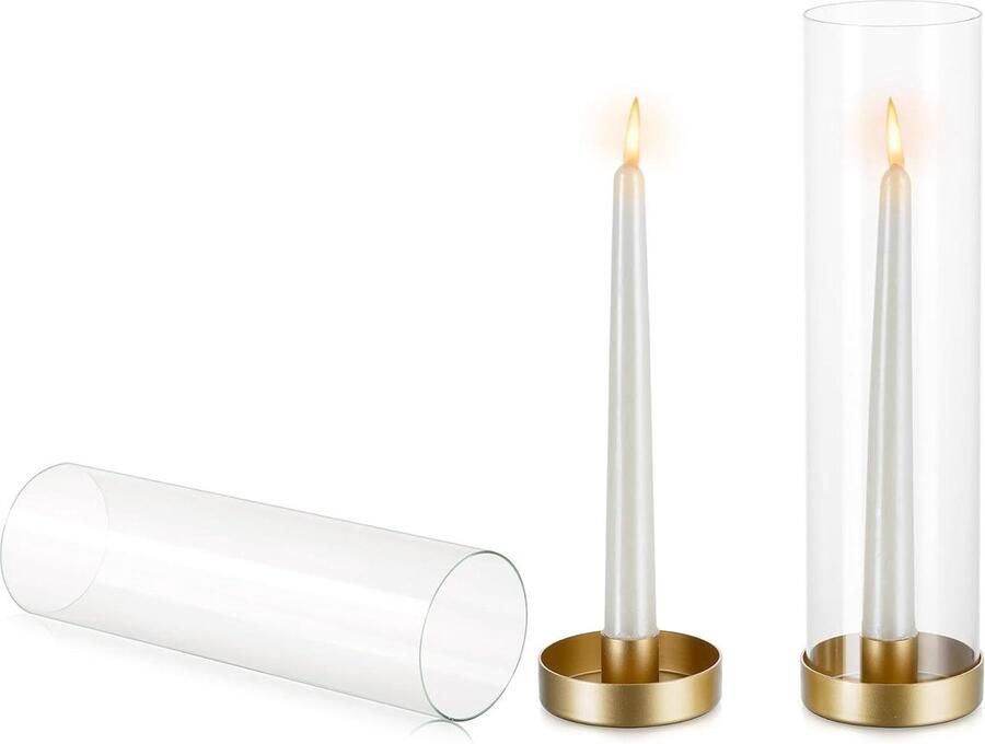 Orkaan Kandelaar Houder Goud Set van 2 Taper Kaars Stok Glas Metalen Kaarsenhouders 30cm Hoog Heldere Open Einde Cilinder Schaduw Partij Bruiloft Centerpieces Tafels