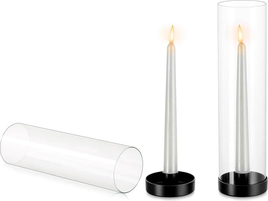 Orkaan Kandelaar Houder Zwart 2 Stuks Glazen Metalen Kandelaars Taper Kaars Stok 30cm Hoog Heldere Open Einde Kandelaar Cilinder Schaduw Partij Bruiloft Tafel Centerpieces vloerkandelaar