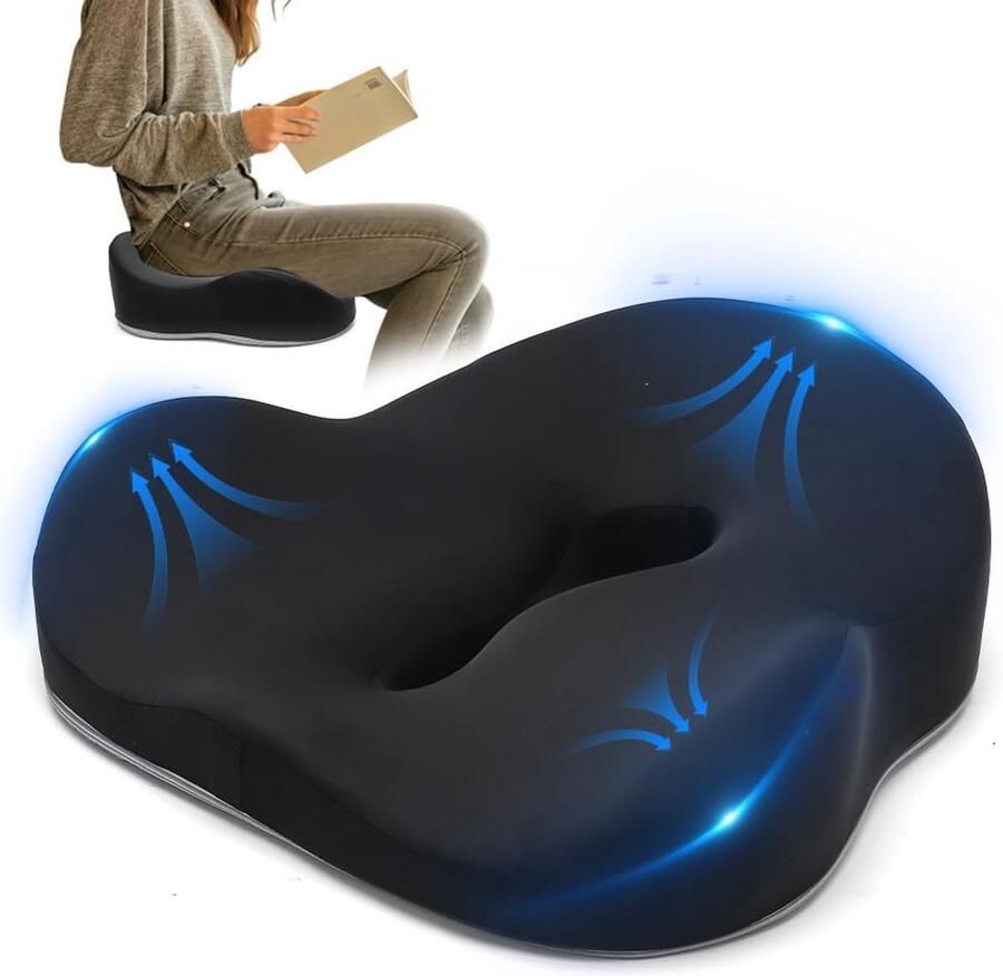 Orthopedic Seat Cushion Memory Foam Coccyx Cushion Hemorrhoids Ergonomic Seat Cushion voor Kantoorstoel en Autostoel Verlichting van Coccyx en Bevordering van Bloedstroom Zwart