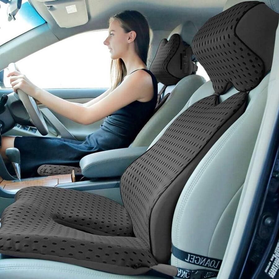 Orthopedic Seat Cushion with Lumbar Support Headrest and Memory Foam for Sciatica Hemorrhoids and Pain Relief Dark Grey for Car Seat Office Chair and Wheelchair