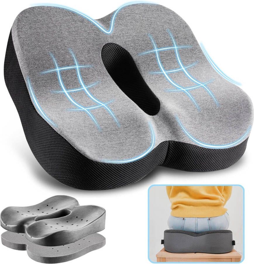 Orthopedisch Memory Foam Zitkussen (2 hardheden) Ergonomisch Zitkussen voor Bureaustoel In Hoogte Verstelbaar Zitkussen Stoel Anti-Aambeien Stuitkussen Grijs