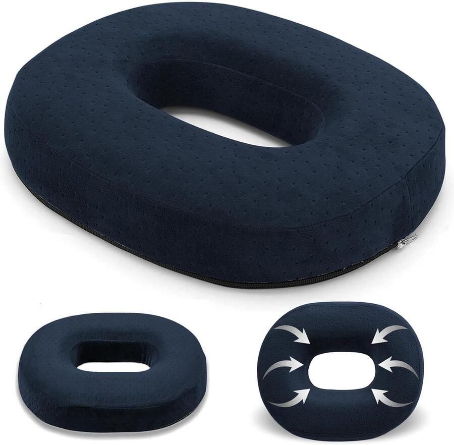 Orthopedisch rond donutkussen aambeienkussen voor dames traagschuim kantoor auto bank bureaustoel marineblauw 38 x 30 x 7 cm
