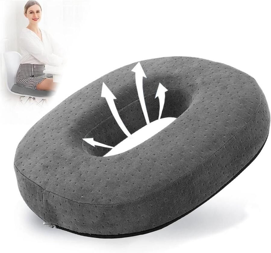 Allecto Plus Orthopedisch zitkussen grijs comfortabel traagschuim rond zitkussen voor verlichting van stuitbeen geschikt voor rolstoel autostoel bank en kantoor ergonomisch design