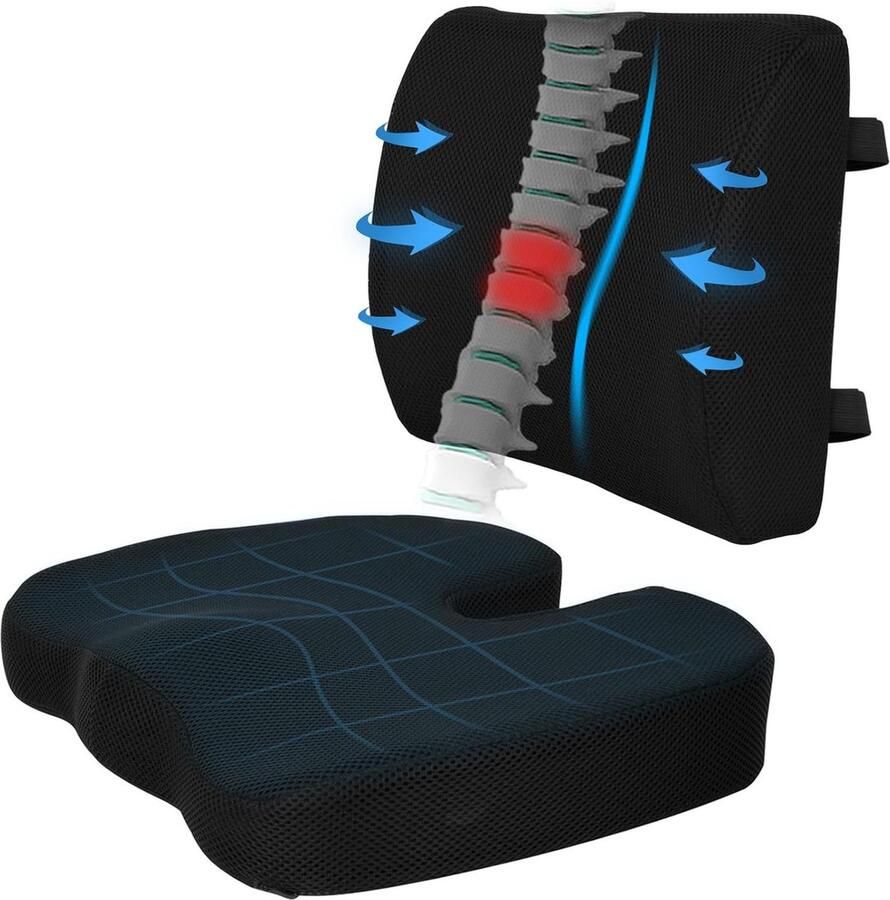 Orthopedisch zitkussen lendensteunkussen voor bureaustoel autostoel rolstoelen geheugenschuim voor pijn in de onderrug stuitbeen- en ischiaspijnverlichting zwart