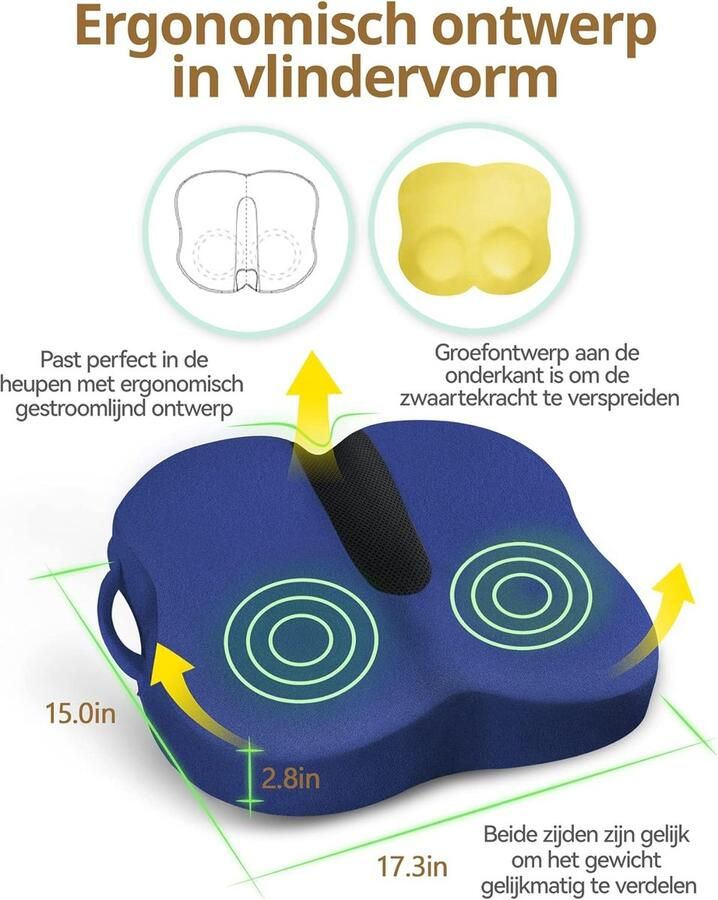 Orthopedisch Zitkussen met Traagschuim TravelEase Zitkussen voor Pijn in de Onderrug en Ischias Stuitje Geschikt voor Bureaustoel Autostoel Rolstoel (Blauw) - Foto 2