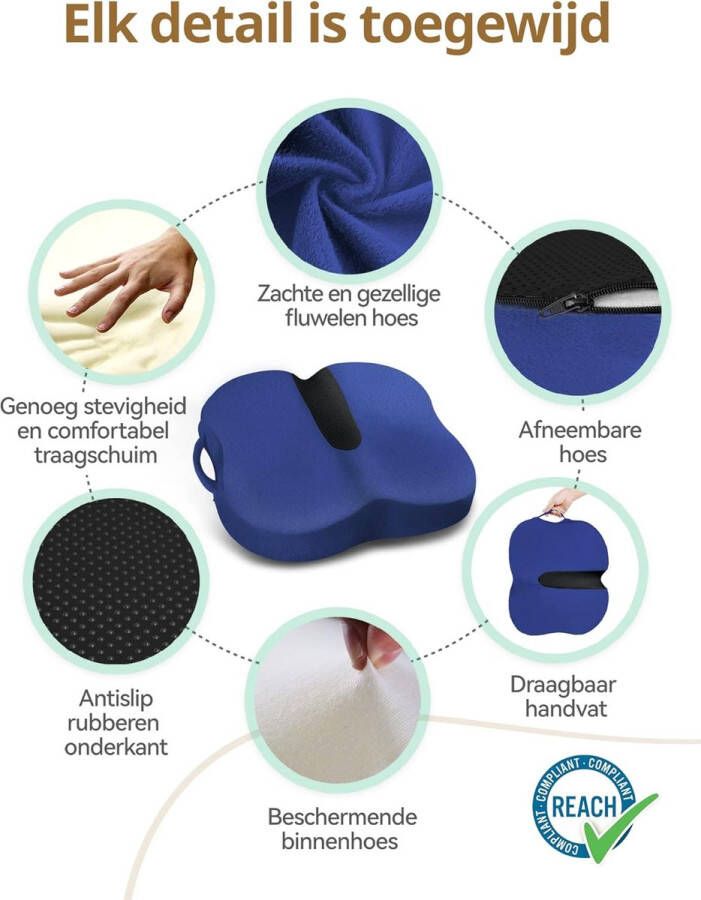 Orthopedisch Zitkussen met Traagschuim Zitkussen voor Pijn in de Onderrug en Ischias Stuitje Geschikt voor Bureaustoel Autostoel Rolstoel (Blauw)