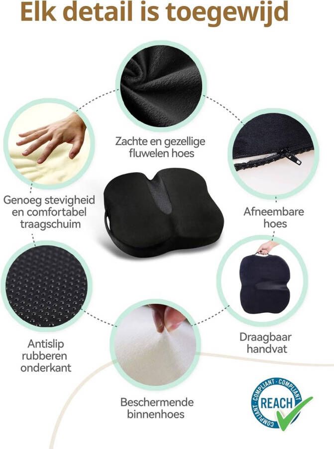 Orthopedisch Zitkussen met Traagschuim Zitkussen voor Pijn in de Onderrug en Ischias Stuitje Geschikt voor Bureaustoel Autostoel Rolstoel (Zwart