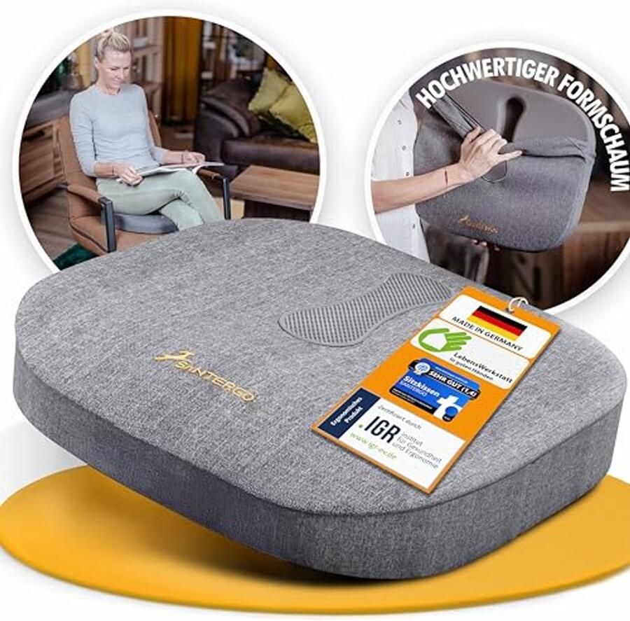 Orthopedisch Zitkussen voor Bureaustoel en Auto GEPATENTEERD en VORMSTABIEL Stuitbeen Kussen (Grijs Medium 65-90 kg)