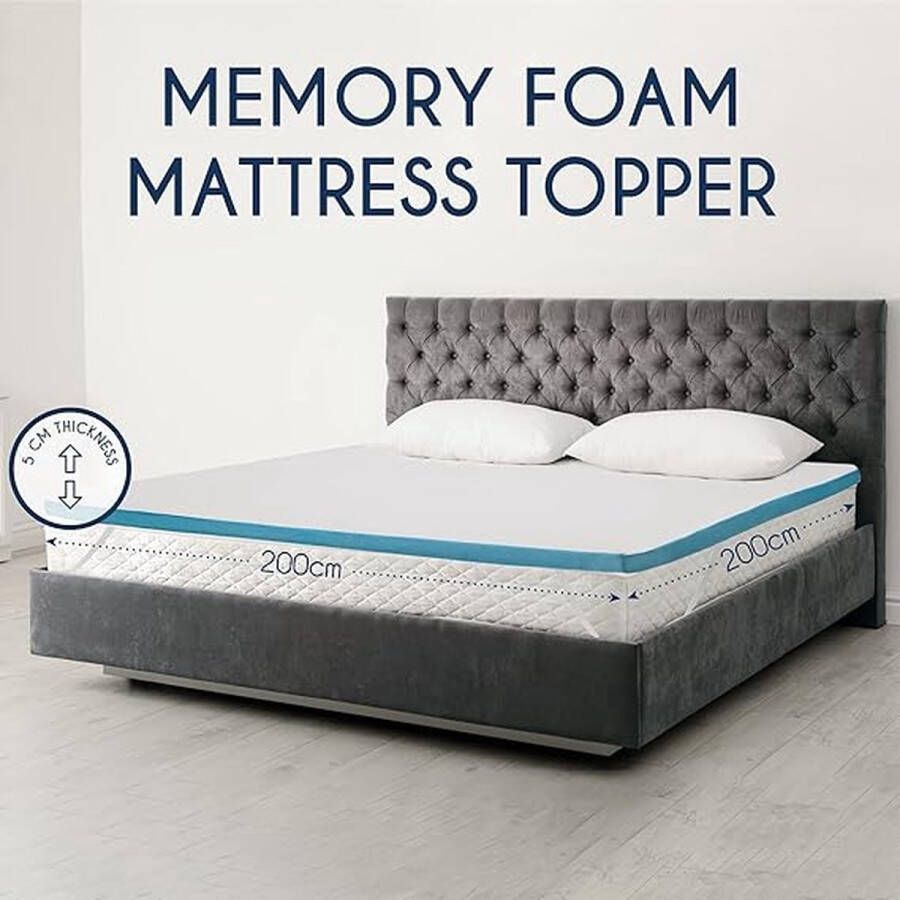 Orthopedische Traagschuimmatras Topper 200 X 200 Cm 5Cm (2 Inch) Chemicaliënvrij En Gemaakt In Europa Traagschuimmatras Toppers Anti-Slip Materiaal 4 Elastieken Bamboehoes Met Ritssluiting