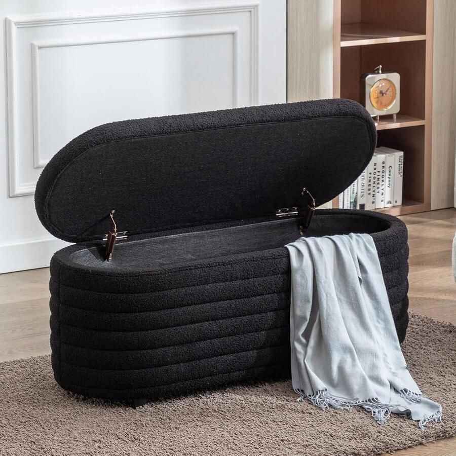 Ottoman Bank met Opbergruimte – Zwarte Fluwelen Poef met Kunstbont Bekleding – Slaapkamer Woonkamer