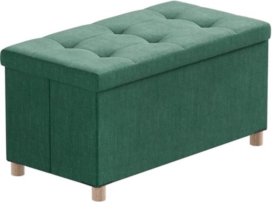 Ottoman Opbergbank met 4 Houten Poten Linnen Opbergpoef voor de Woonkamer Donkergroen 76 x 38 x 38 cm