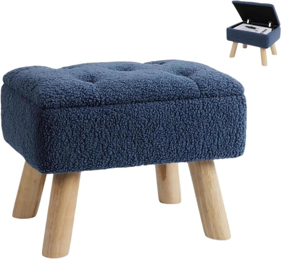 “Ottoman Opbergkruk – Kleine Fluwelen Poef met Gevoerde Zitting & Stevige Houten Poten Voetensteun voor Woonkamer Slaapkamer & Entree – Donkerblauw”