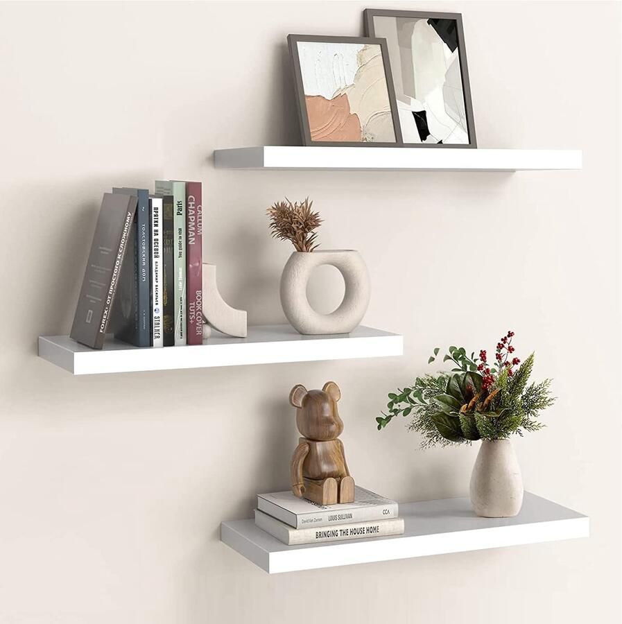 OUDIE Witte Wandplank Set van 3 Zwevende Planken Moderne Witte Wandplank Decoratieve Wandplank Te Gebruiken voor Woonkamer Keuken Slaapkamer Kantoor Gang en meer 40cm Lang